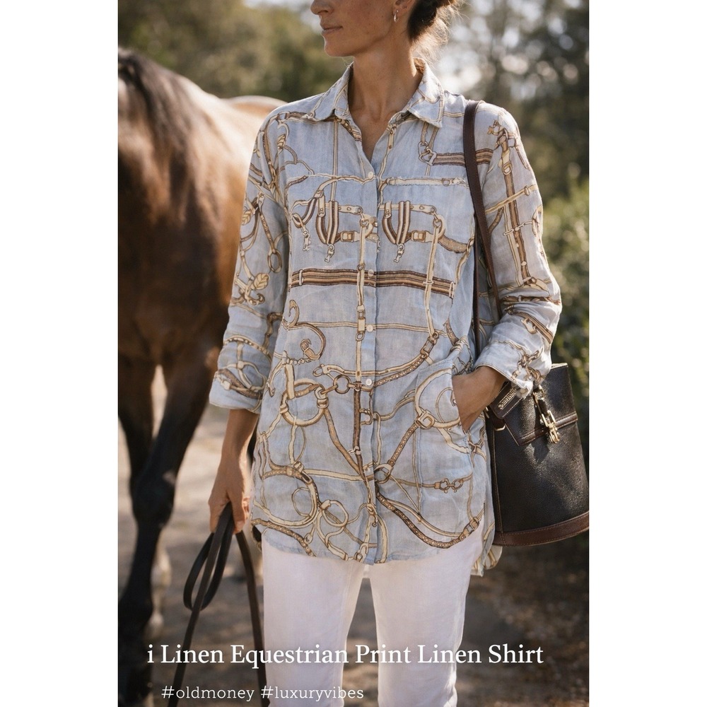 i Linen Jubilea Print 100% Organic European Linen Shirt Made in Europe Sz L